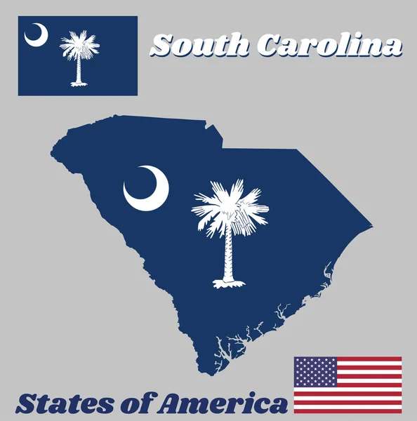 Güney Carolina haritası ve bayrağı çivit tarlasında beyaz palmetto ağacı. Kanton beyaz bir hilal içerir. Amerikan bayrağıyla.