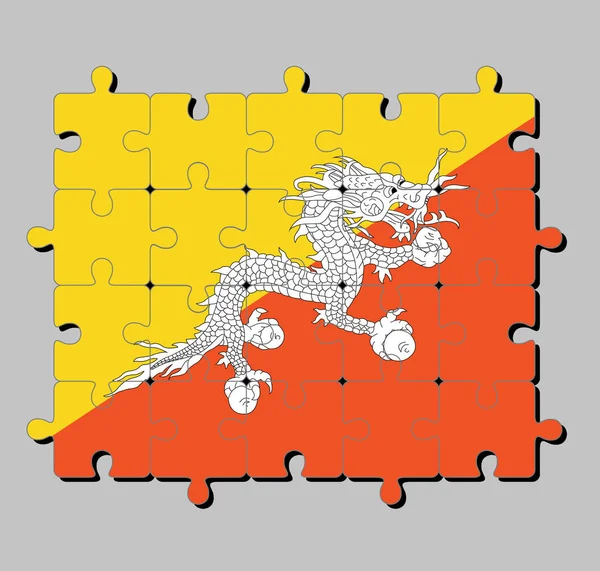 Jigsaw Puzzle Bhutan Flag Triangle Yellow Orange White Dragon Concept — Stock Vector