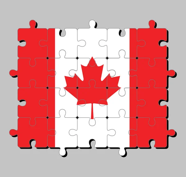 加拿大国旗的拼图在红色和白色与红色枫叶的垂直三带中 实现或完善的概念 — 图库矢量图片
