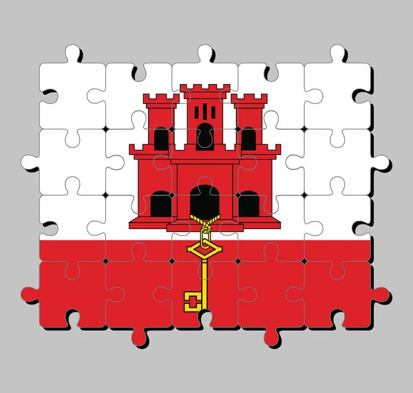 Puzzle Von Gibraltar Flagge Weißem Und Rotem Streifen Mit Drei — Stockvektor