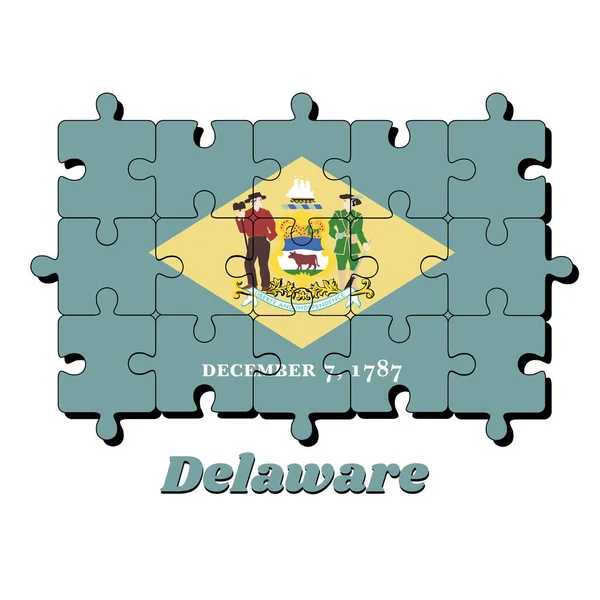 Rompecabezas Bandera Delaware Forma Diamante Amarillo Verde Con Escudo Armas — Vector de stock