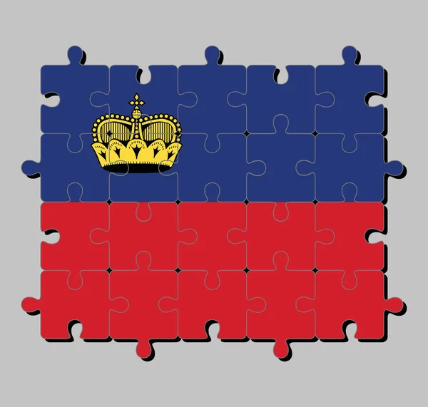 Quebra Cabeça Bandeira Liechtenstein Azul Vermelho Carregado Com Uma Coroa —  Vetores de Stock