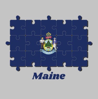 Maine bayrağının yapbozu ve eyalet adı. Maine arması mavi tarlayı tahrip ediyor. Tamamlanma ya da mükemmellik kavramı.