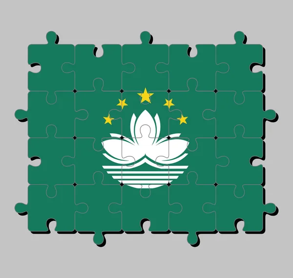 Jigsaw Puzzle Macau Flag Green Lotus Stylised Governor Nobre Carvalho — Stock Vector
