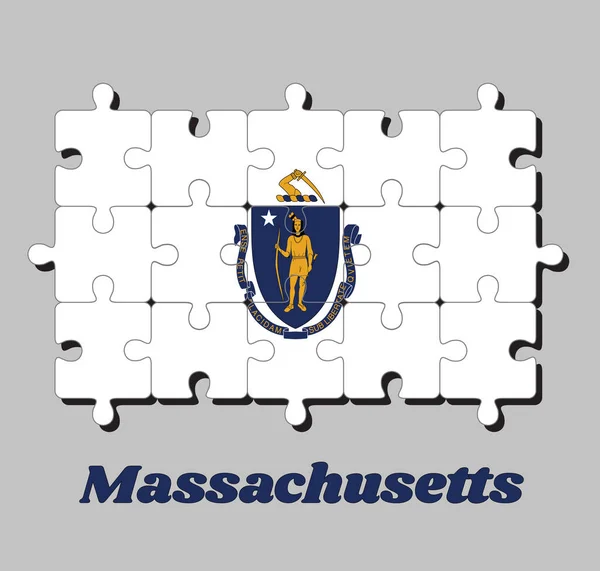 Rompecabezas Bandera Massachusetts Escudo Armas Del Estado Centró Campo Blanco — Vector de stock