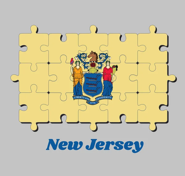 Jigsaw Puzzle New Jersey Flag State Coat Arms Buff Color — Stock Vector