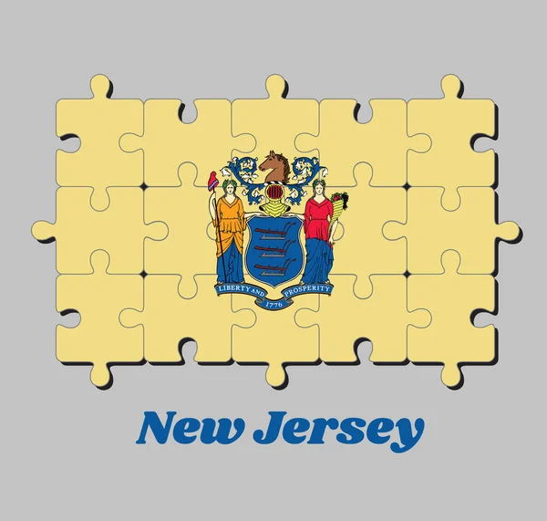 Teka Teki Jigsaw Bendera New Jersey Lambang Negara Pada Bulu - Stok Vektor