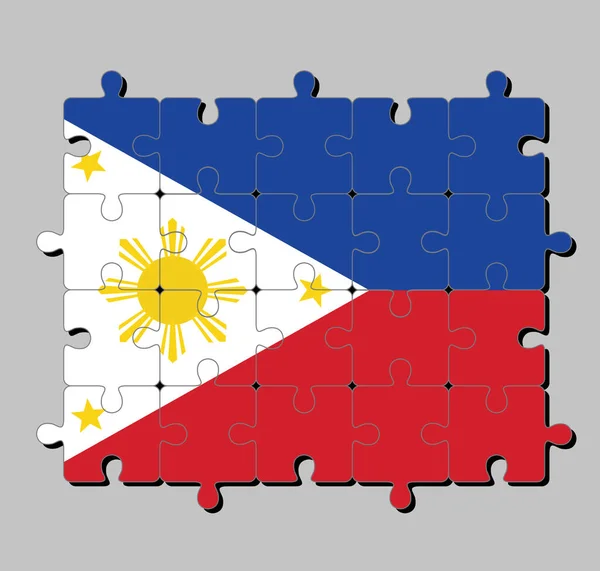 水平方向の青と赤でフィリピンの旗のジグソーパズル ホイストに基づく白い四角形 頂点の金の星 そして金の太陽 完成又は完成の概念 — ストックベクタ