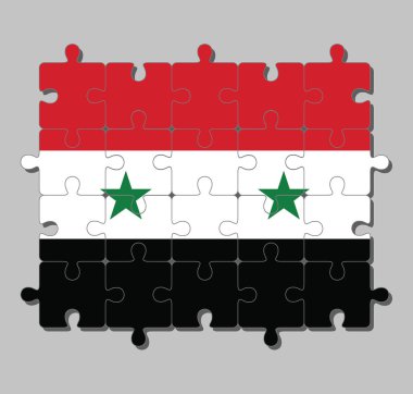 Suriye Arap Cumhuriyeti bayrağının ortasında iki yeşil yıldızlı kırmızı beyaz ve siyah üç renkli yapbozu. Tamamlanma ya da mükemmellik kavramı.