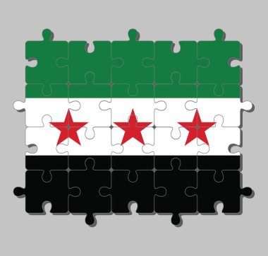 Suriye Geçici Hükümeti bayrağının yapbozu ortada üç kırmızı yıldızlı yeşil beyaz ve siyahtan oluşan üç renkli bir yatay renk. Tamamlanma ya da mükemmellik kavramı.