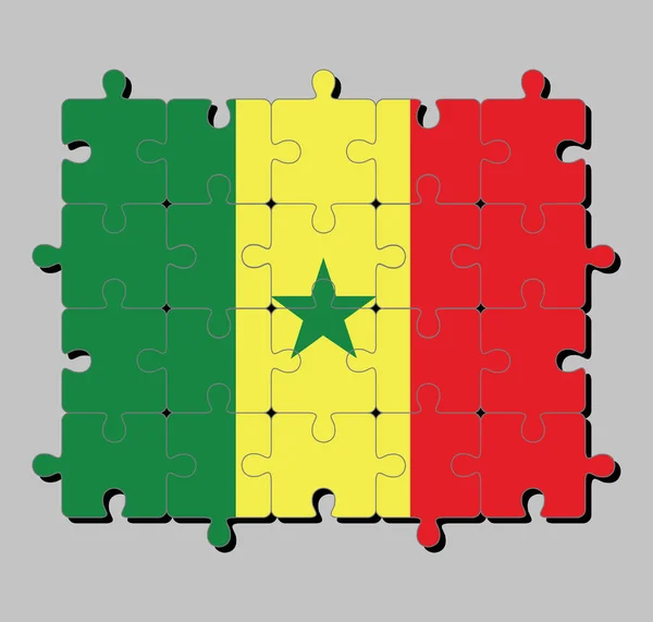 Rompecabezas Bandera Senegal Verde Amarillo Rojo Cargado Una Estrella Verde — Archivo Imágenes Vectoriales