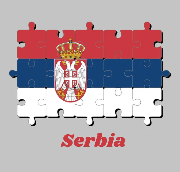 Rompecabezas Bandera Serbia Nombre Del País Tricolor Horizontal Rojo Azul — Vector de stock