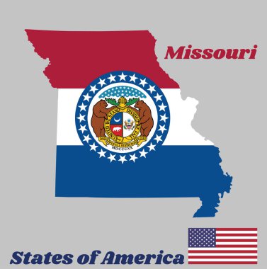 Missouri 'nin ana hatları ve bayrağı. kırmızı beyaz ve mavi renk. Missouri Seal, mavi bir bando ve yıldızlarla çevrili, Amerika Birleşik Devletleri ve ABD bayrağı..