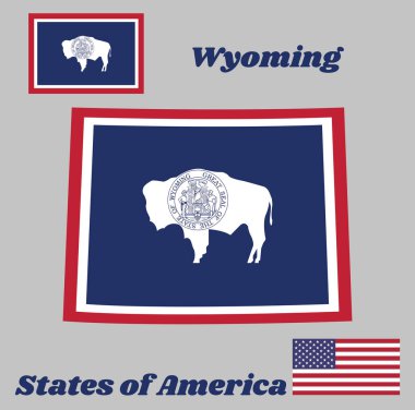 Wyoming 'in ana hatları ve bayrağı. Amerikan bizonunun mühürü mavi üzerine beyaz ve kırmızı. Amerika devletleri