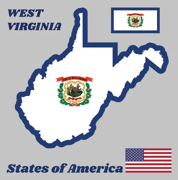 Mapa Bandeira Virgínia Ocidental Nome Estado Campo Branco Puro Delimitado —  Vetores de Stock