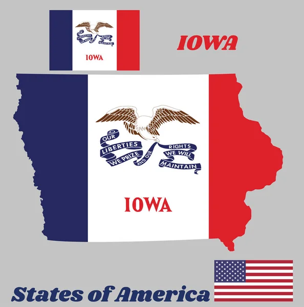 Mapa Obrysu Vlajky Iowy Států Amerických Svislá Trikolóra Modré Červené — Stockový vektor