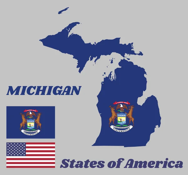 Harita taslağı, Michigan bayrağı ve eyalet adı. Koyu mavi bir tarlada devlet arması. Amerika Birleşik Devletleri bayrağı.