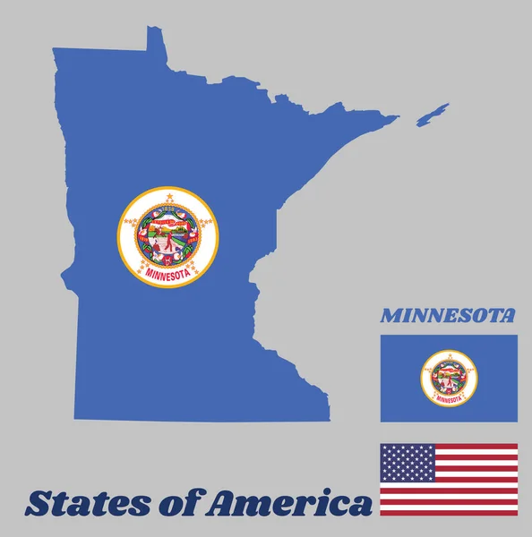 Mapa Obrysu Vlajky Minnesoty Státní Název Státní Pečeť Středně Modrém — Stockový vektor