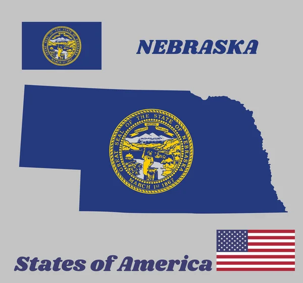 Mapa Obrysu Vlajky Nebrasky Státní Název Těsnění Nebrasky Zlatě Azurovém — Stockový vektor