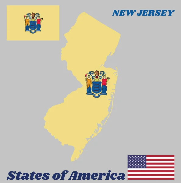 Esquema Del Mapa Bandera New Jersey Escudo Armas Del Estado — Vector de stock