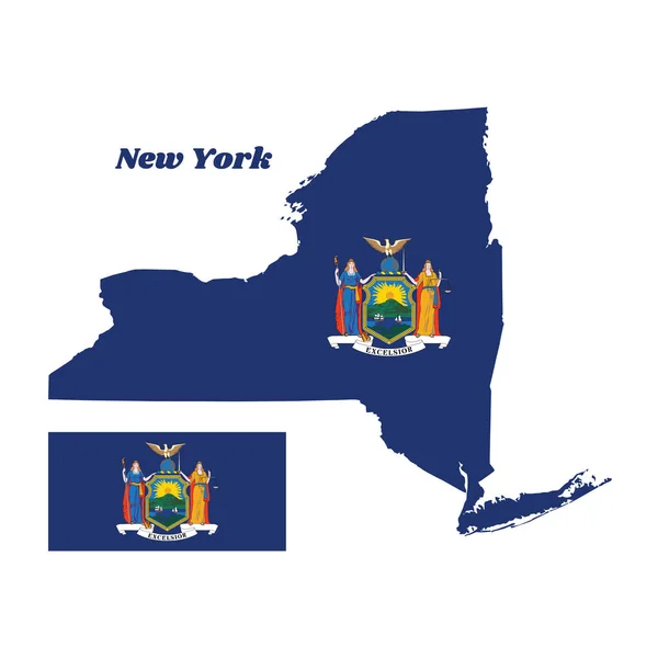 Esquema Del Mapa Bandera Nueva York Nombre Del Estado Escudo — Vector de stock