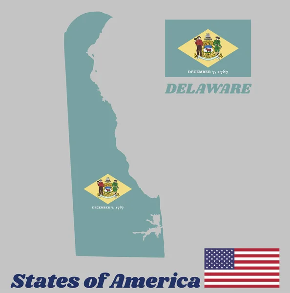 Map Outline Flag Delaware Yellow Diamond Shape Green Coat Arms — Stock Vector