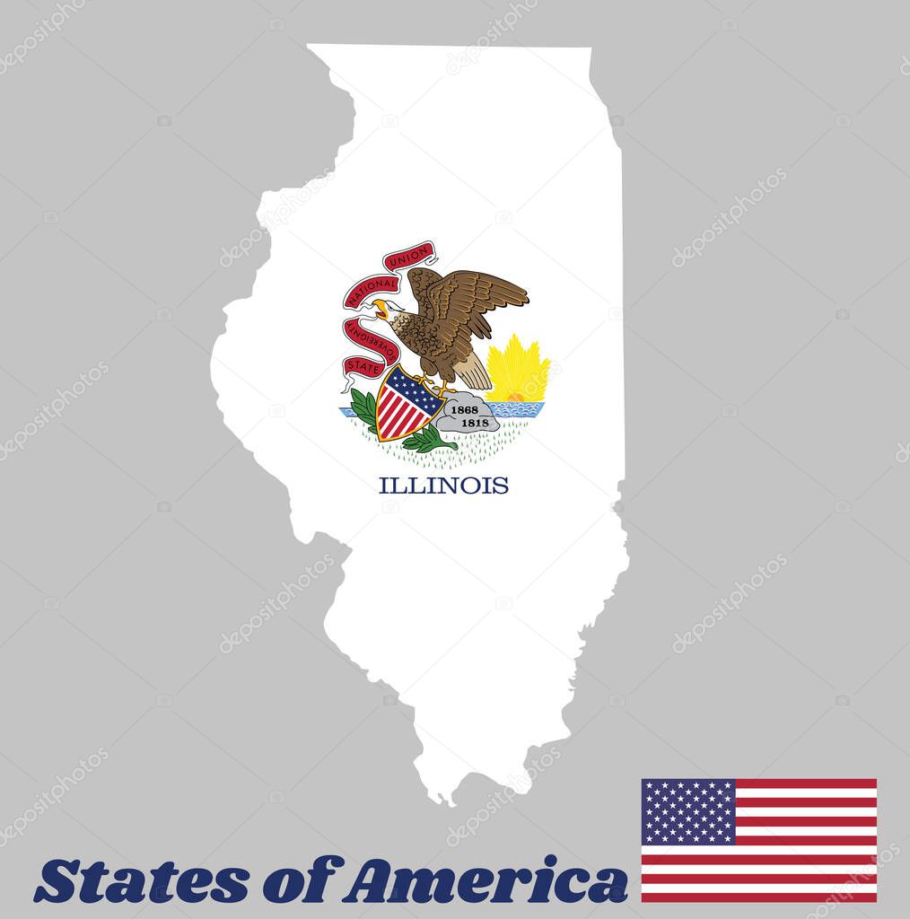 Map outline and flag of Illinois. Seal of Illinois on a white background, the states of America and USA flag.