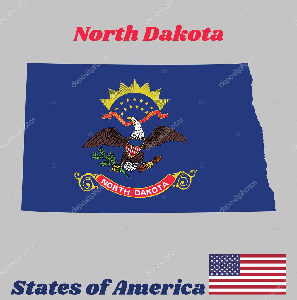 Esquema del mapa y bandera de Dakota del Norte. Bandera de la unidad