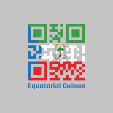 QR kodu Ekvator Gine bayrağının rengini mavi üçgen ve Ulusal Arma Arması ile birlikte yeşil, beyaz ve kırmızı üçgen yatay bir renk belirledi. Metin Ekvator Ginesi ile.