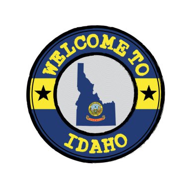 Idaho 'ya hoş geldin damgası ve merkezde eyaletlerin haritası var. Amerika devletleri.