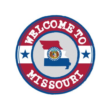 Missouri 'ye hoş geldin damgası ve merkezde eyaletlerin haritası var. Amerika devletleri. Grunge Lastik Doku Mührü Missouri 'ye Hoş Geldiniz.