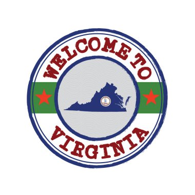 Virginia 'ya hoş geldiniz damgası ve merkezde eyaletin haritası var. Amerika devleti..