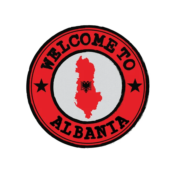 Timbre Vectoriel Bienvenue Albanie Avec Plan Nation Centre Grunge Texture — Image vectorielle