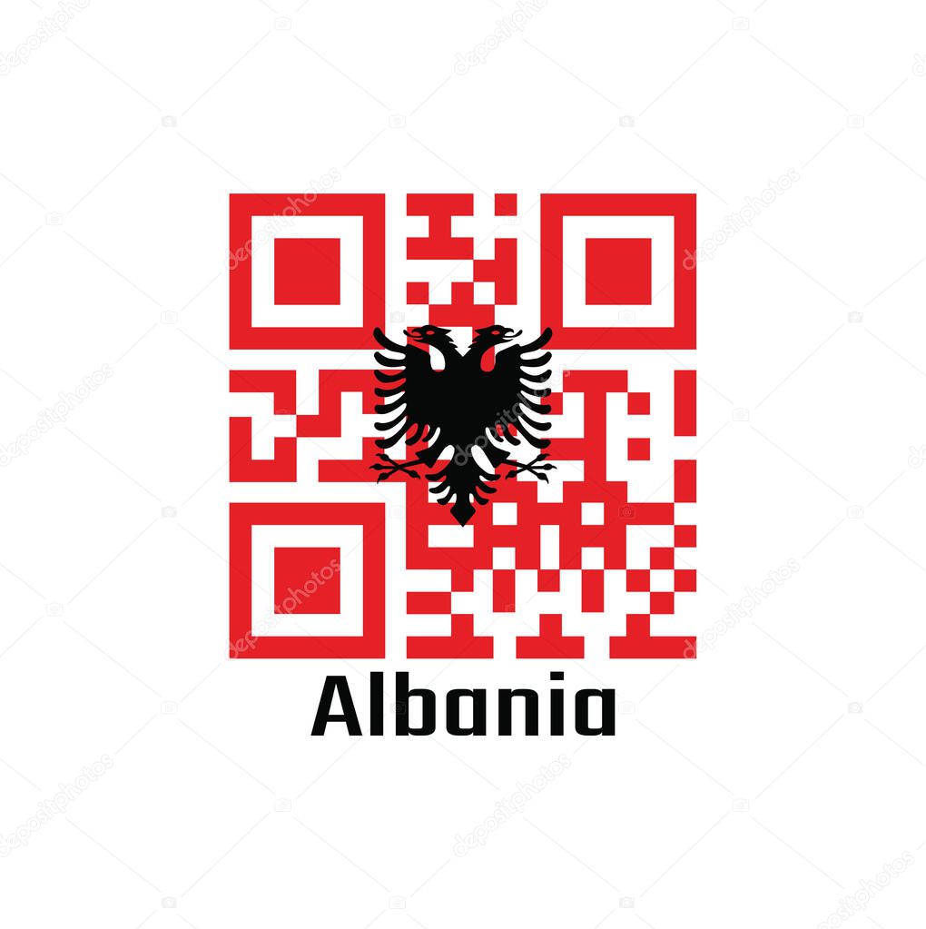 QR code set the color of Albania flag. a red field with the black double-headed eagle in the center. with text Albania.