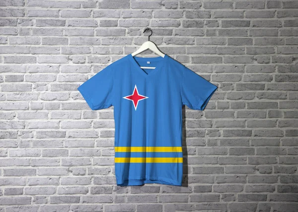 Aruba Flag Shirt Hanging Wall Brick Pattern Wallpaper Light Blue — Stock Photo, Image