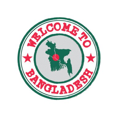 Bangladeş 'e hoş geldin damgası ve merkezde ulusun haritası var. Grunge Lastik Doku Damgası Bangladeş 'e Hoş Geldiniz.