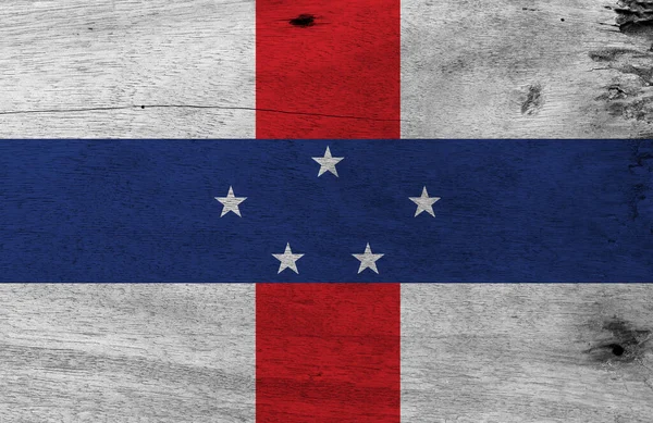 荷属安的列斯国旗 木制底板背景 荷属安的列斯国旗纹理 垂直红色和水平蓝色 以及五颗白星 — 图库照片