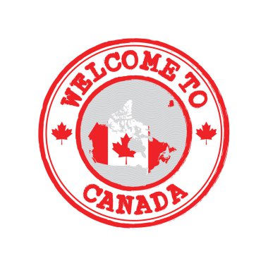 Kanada 'ya hoş geldiniz damgası ve merkezde ulusun haritası var. Grunge Lastik Doku Damgası Kanada 'ya Hoş Geldiniz.