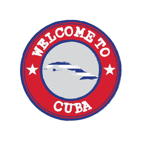 中央に国の地図の概要とキューバへの歓迎のベクトルスタンプ キューバへようこそのグランジゴムテクスチャスタンプ — ストックベクタ