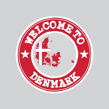Danimarka 'ya hoş geldin damgası ve merkezde ulusun haritası var. Grunge Lastik Doku Damgası Danimarka 'ya Hoş Geldiniz.