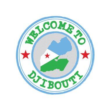 Cibuti 'ye hoş geldin damgası ve merkezde ulusun haritası var. Djibouti 'ye Hoş Geldiniz Kauçuk Doku Damgası.