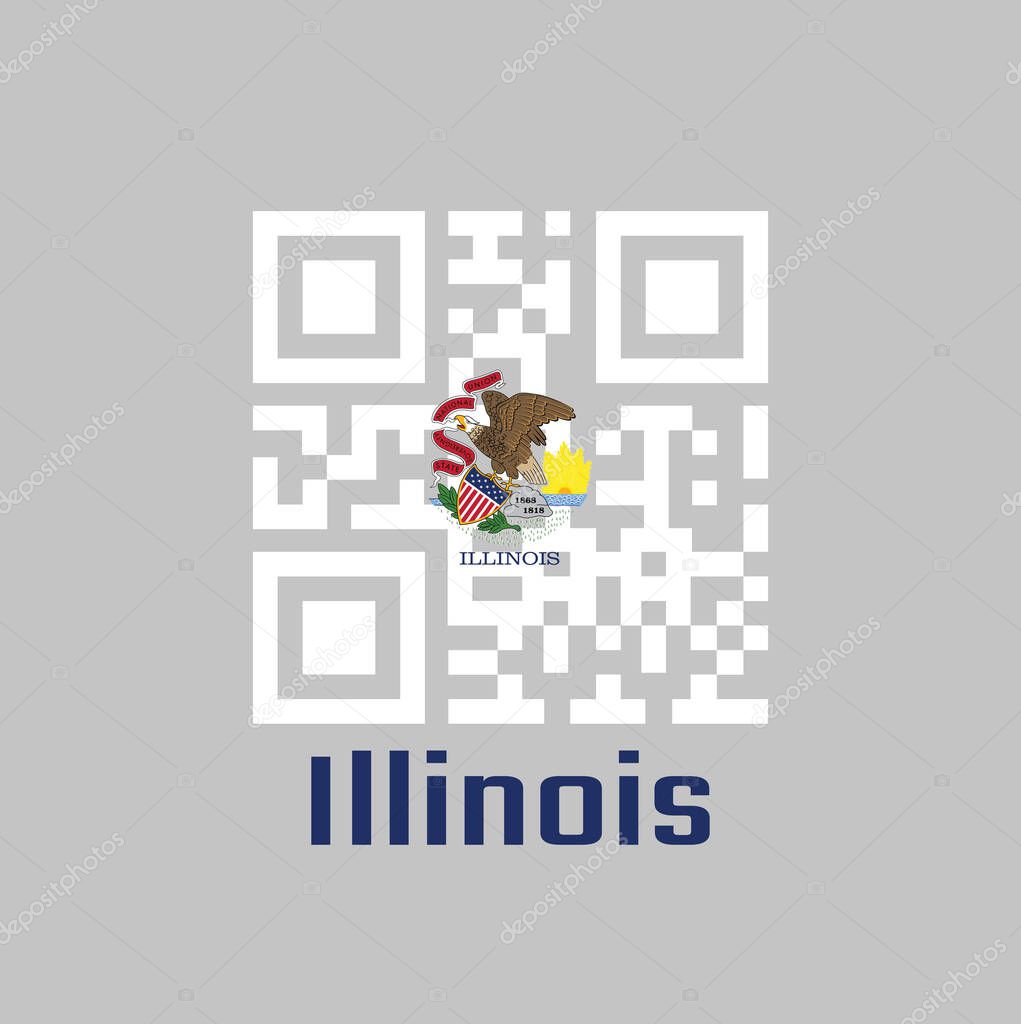 QR code set the color of Illinois flag. The states of America. Seal of Illinois on a white background.  text: Illinois.