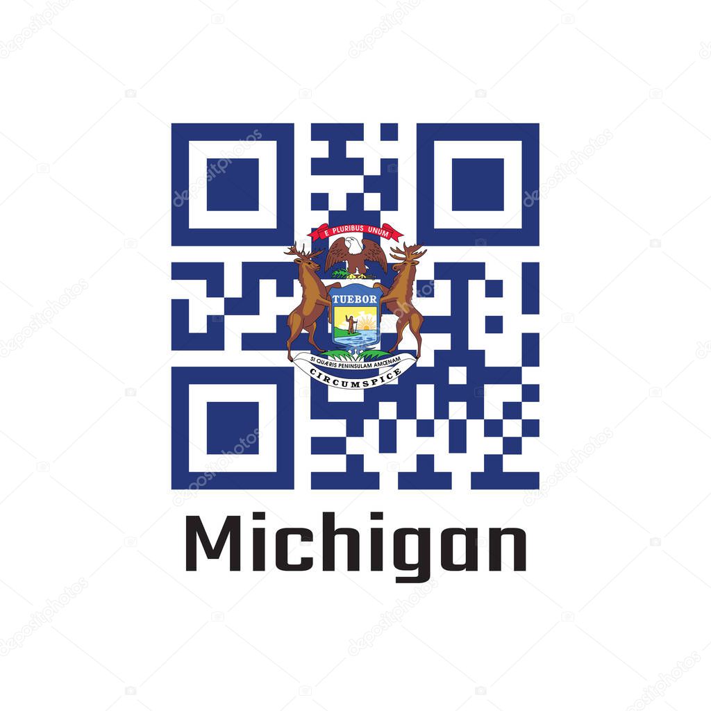 QR code set the color of Michigan flag, State coat of arms on a dark blue field. text: Michigan. The state of America.