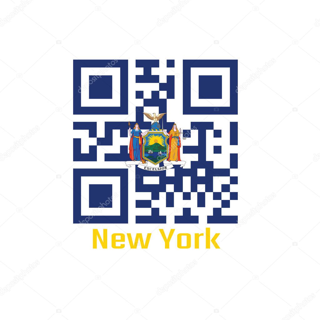QR code set the color of New York flag, coat of arms of the state of New York on blue field. text: New York.