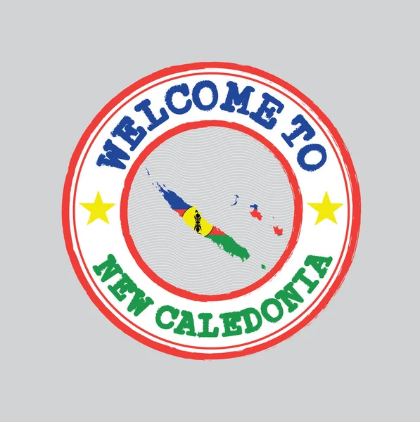 Vector Stamp Welcome New Caledonia Nation Flag Map Outline Center — Stock Vector