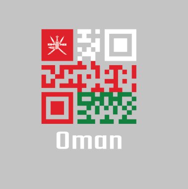 QR kodu Umman bayrağının rengini belirledi, beyaz kırmızı ve yeşil; Umman 'ın ulusal amblemiyle yüklenmiş dikey kırmızı şeritli. satış ya da iş konsepti.