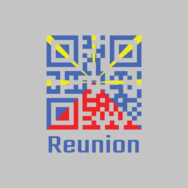 QR kodu yeniden birleşme bayrağının rengini belirledi, gri arkaplanda kırmızı sarı ve mavi renk. metin: birleşme.