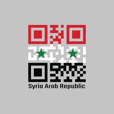 Barkod, Suriye bayrağının rengini ortaya iki yeşil yıldızlı kırmızı beyaz ve siyahın yatay üç renkli rengini koydu. Metin: Suriye Arap Cumhuriyeti.