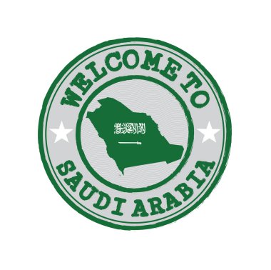 Merkezinde ulusun haritası olan Suudi Arabistan 'a hoş geldiniz damgası. Suudi Arabistan 'a Hoş Geldiniz Kauçuk Kalıbı.