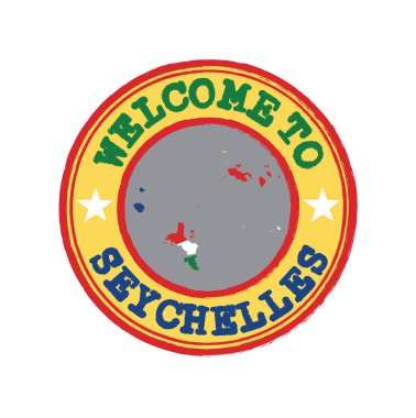Merkezinde ulusun haritası olan Seyşeller 'e hoş geldin damgası. Seyşeller 'e Hoş Geldiniz Kauçuk Doku Damgası.